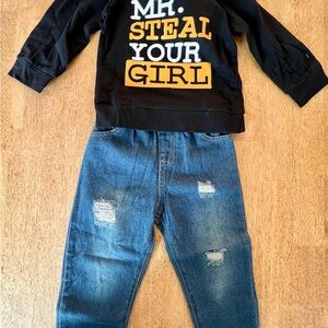 Toddler Black Graphic Sweatshirt and Blue Distressed Jeans Set